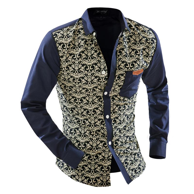 

2016 Fashion Men's Shirts Floral Blue And White Long-Sleeved Leisure Slim Men shirts Size -2XL, Beige