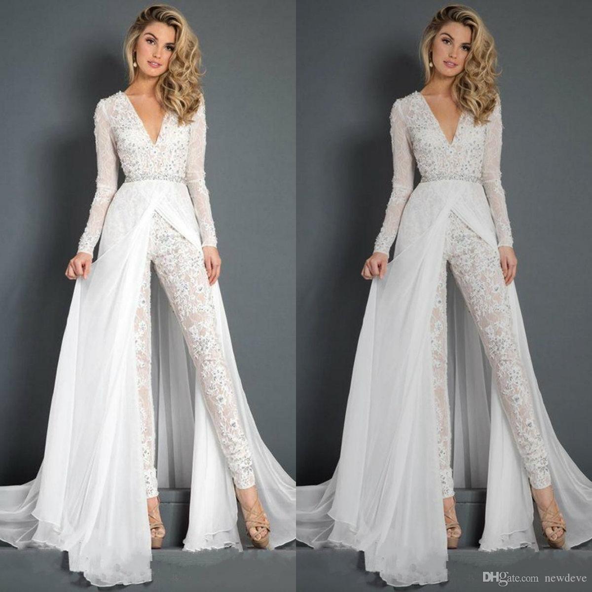 

White Jumpsuits Prom Dresses 2019 Beaded Lace Deep V Neck Formal Evening Gowns Long Sleeve Sweep Train Special Occasion Pants Dress, Yellow