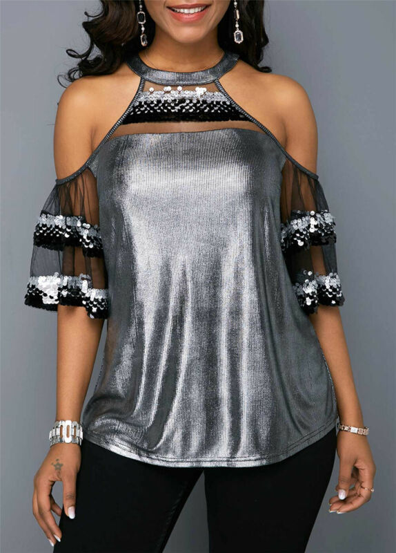 Women Summer O-Neck Blouse Tops Sexy Fashion Lace Ruffle Short Sleeve Solid Sequin Bling Sexy Cold Shoulder Shirt Summer