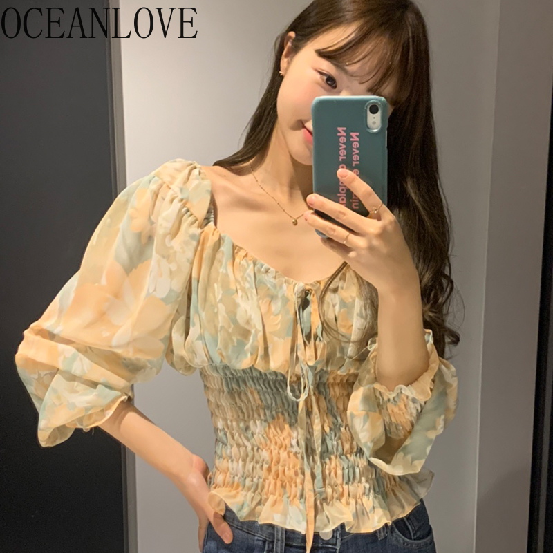 

OCEANLOVE Chiffon Shirts Print Floral Short Sexy Blouse Women Spring Flare Sleeve Korean Blusas Mujer Elegant Clothes 16485, Photo color
