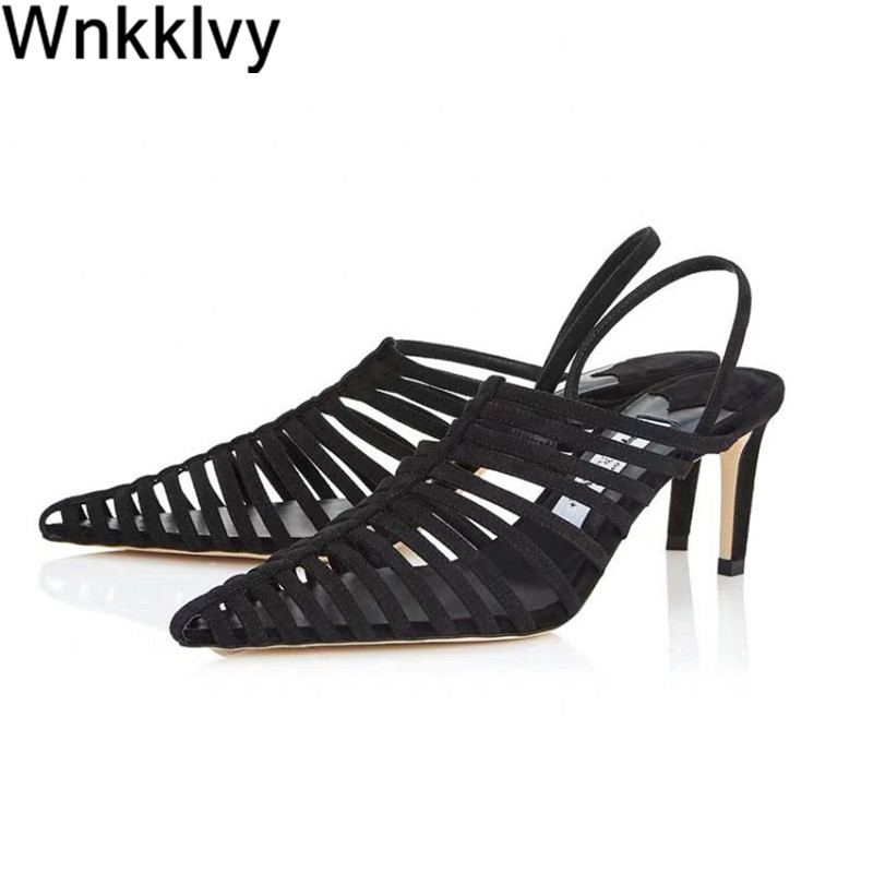 

Slingback pumps hollow out Strappy gladiator Sandals High Heels Pointed Toe dress party Shoes runway stilettos zapatos mujer, Black