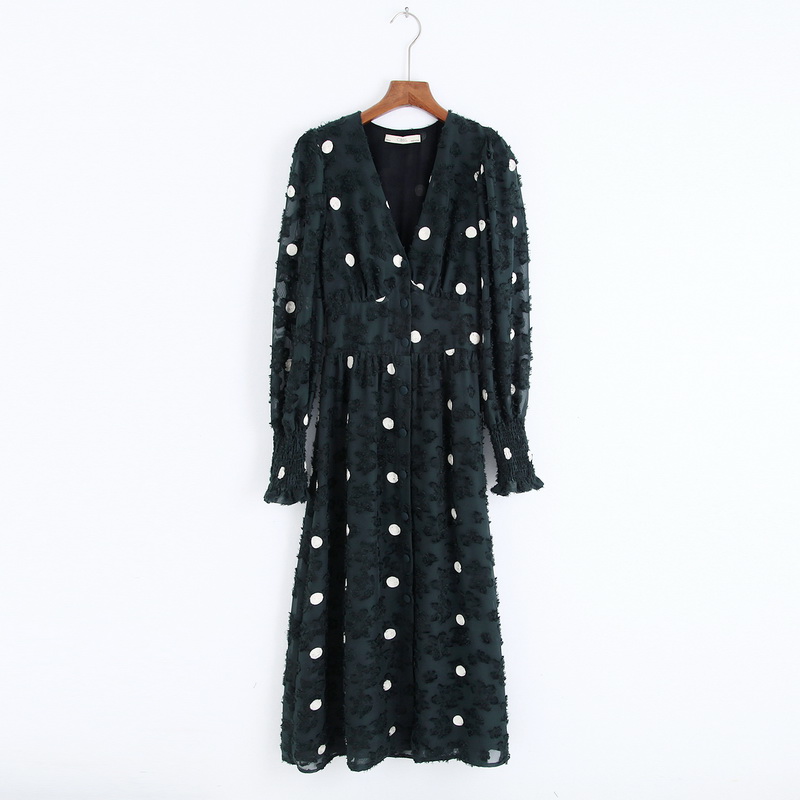 

Stylish Women Dress Autumn 2019 New Fashion Blackish Green Jacquard Embroidery White Dot Modern Lady Shine Through Dresses