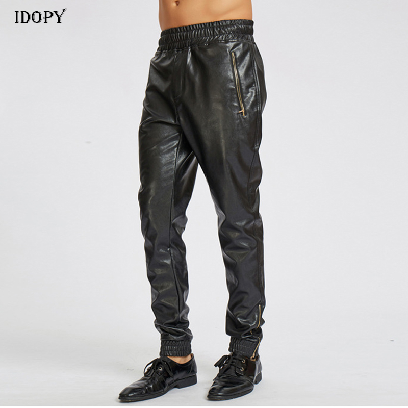 

Men's Pants Idopy Men`s Faux Leather Joggers Harem Elastic Waist Drawstring PU Joggings Trousers For Male Ankle Zippers, Spring autumn