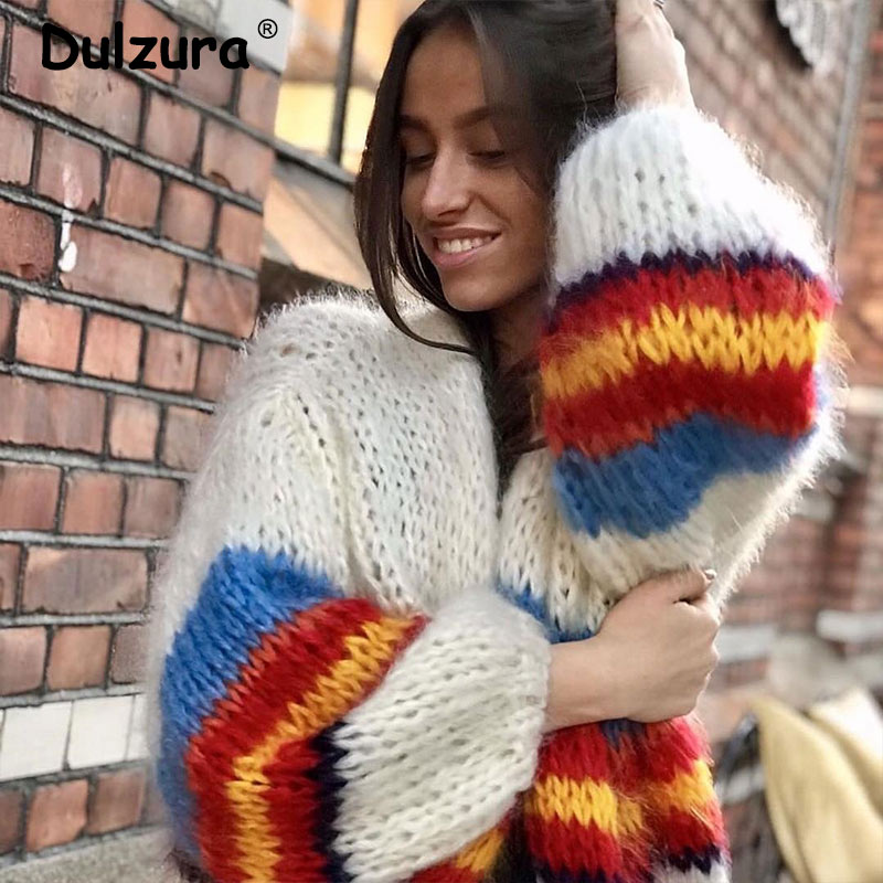 

2019 Fashion Colorful Patchwork Cardigans Sweaters Women Sweet Batwing Sleeve Jumper Tops Early Autumn Striped Overcoats Femme, White cardigans