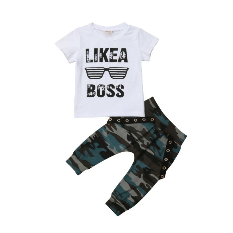 

2020 Summer Kids Baby Boy Clothes Tops T-shirt Camo Long Pants Letter Camouflage Cover Outfits Tracksuit 0-3Y, As picture