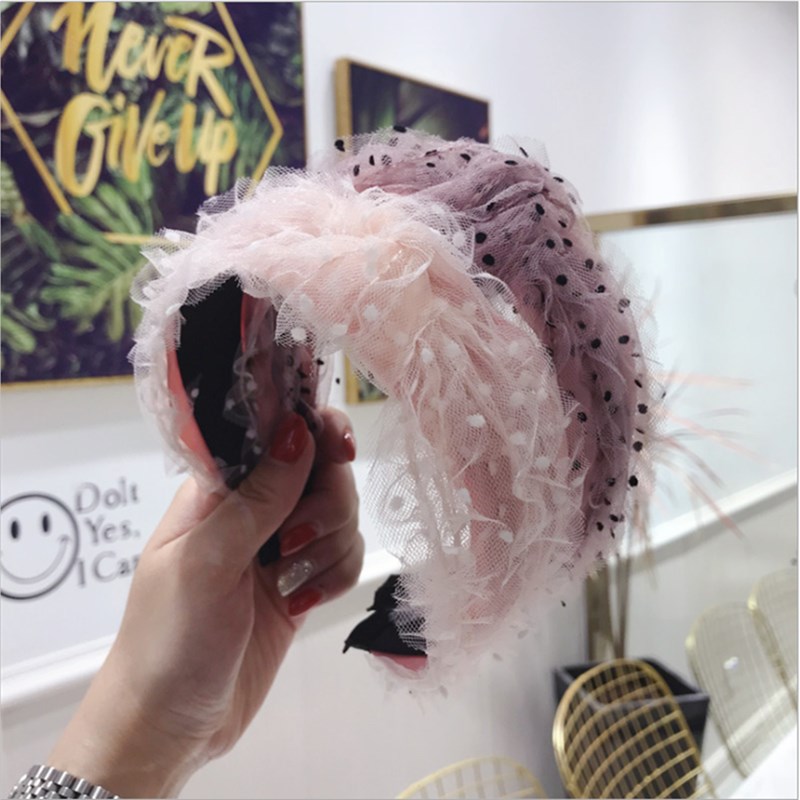 

High-end hair accessories women's princess wind gauze lace pleated wave point knotted headband headband girl hair band headwear