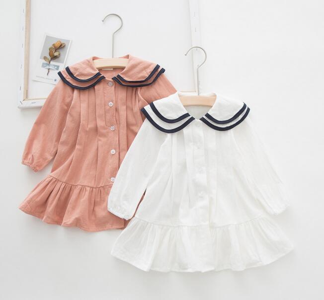 

INS Baby girl Clothing Dress Spring Fall kids Simple Army Style kids Long Sleeve Pet Pan Collar Ruffles Girl Elegant Princess dress, As picture