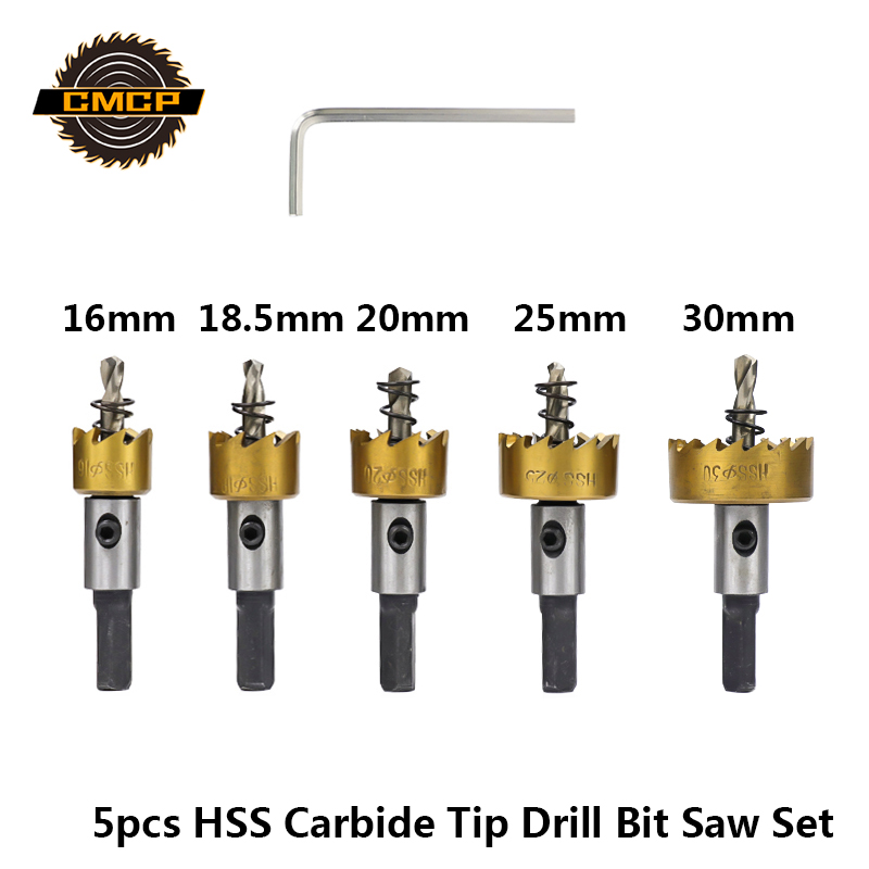 

CMCP 5pcs HSS Carbide Tip Drill Bit Saw Set 16/18.5/20/25/30mm Metal Wood Hole Cutter For Installing Locks Drilling Hole