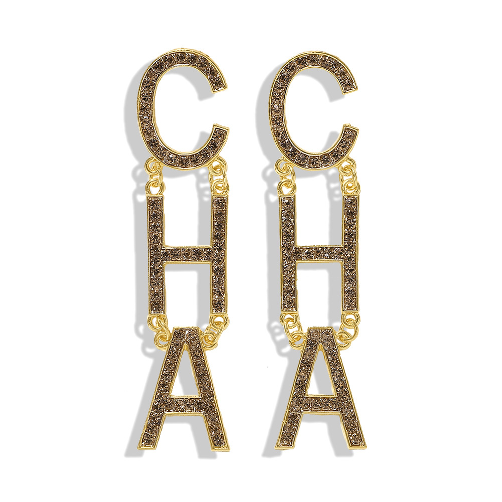 

Popular fashion luxury exaggerated big earrings for women gilrs sparkling diamond rhinestone Letter CHA dangle chandelier stud earrings, Golden;silver