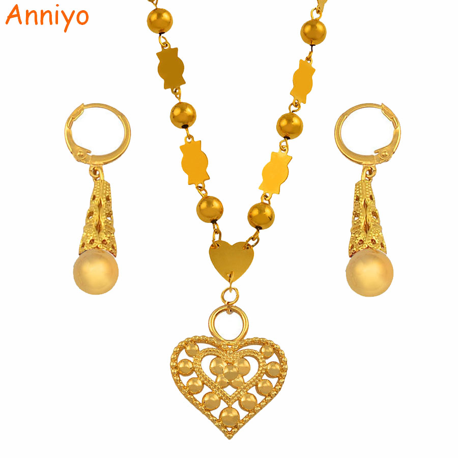 

Anniyo Micronesia Jewelry sets Colorful Stone Heart Pendant Necklace Earrings Round Beads Chain Marshall Jewellery Guam #133906S, Silver