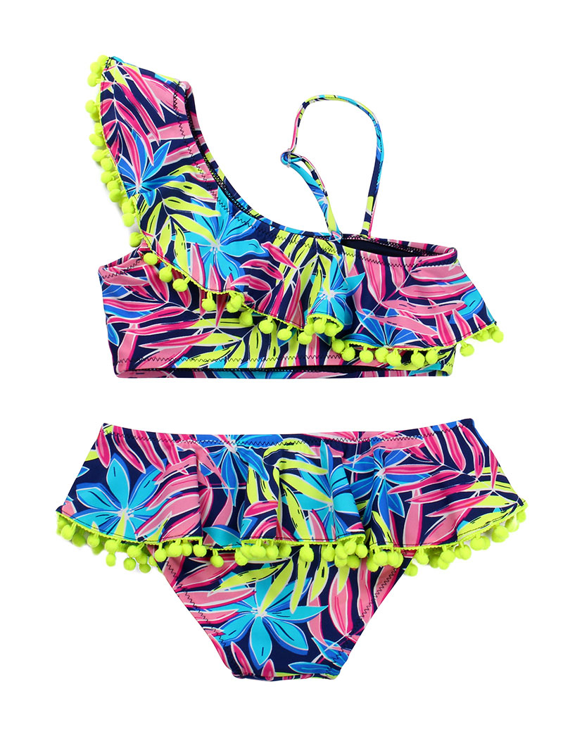 Bikini Childrens Swimwear Ball Cute Lotus Dress Swimwear Two Piece Kid One Shoulder Swimsuit