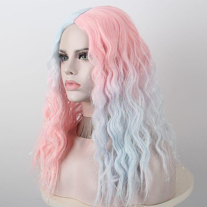 

Anxin 2020 New Pink Blue Stitching Color Ladies Wig High Temperature Silk Fiber Long Wig Anime Cosplay Party Party, Straight hair