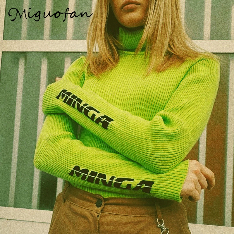 

Miguofan Knitted Sweater Pullovers Women Turtleneck Letter Print Jumpers Casual Tops Women' Sweaters 2019 Autumn Winter, Black