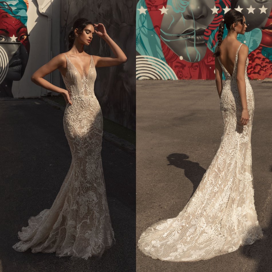 

Julie Vino 2020 Mermaid Sexy Wedding Dresses Beaded V Neck Lace Appliqued Backless Bridal Gowns Sweep Train Wedding Dress, Coral