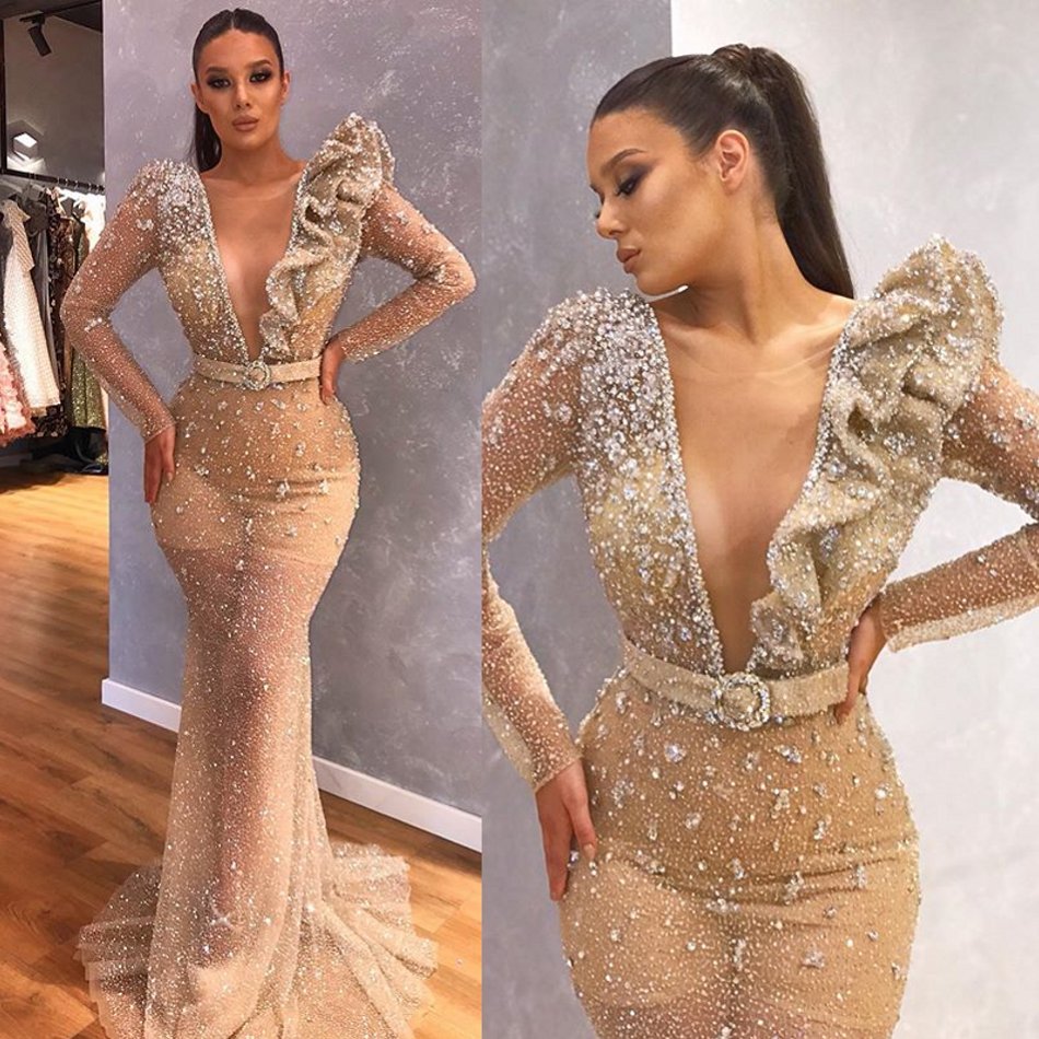 

2020 Bling Mermaid Evening Dresses Deep V Neck Beaded Long Sleeves Lumbar Prom Dress Belt Ruffle Illusion Sweep Train Formal Party Gown, Coral