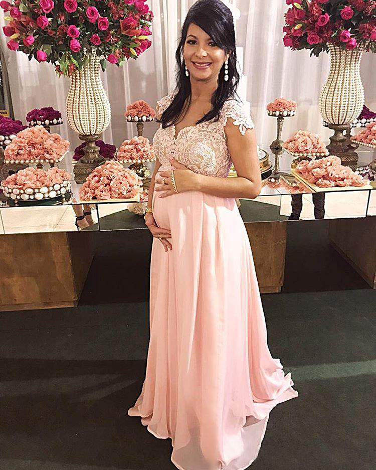 

Arabic Lace Appliques Maternity Evening Dresses With Cap Sleeves Pink Chiffon Long Prom Dresses A Line Formal Party Pregnant Gowns, Hunter