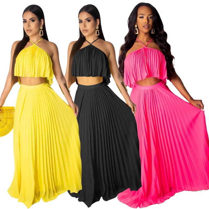 

Sexy Chiffon Pleated Casual Two Piece Set Off Shoulde Sleevelessr Wrapped Chest Crop Top And Long Skirt Summer Beach Outfits