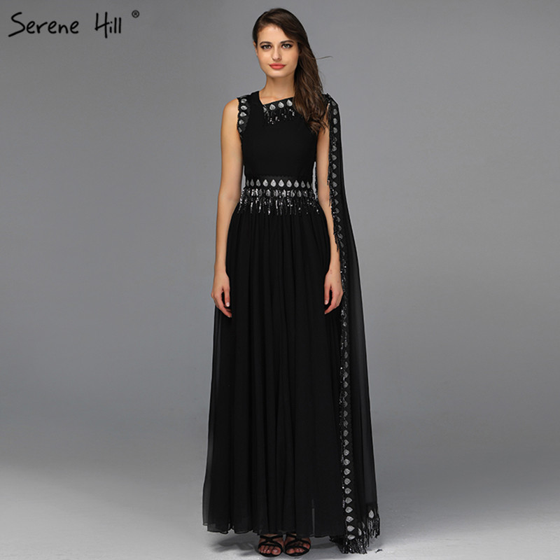 

Black Sequined Sashes A-Line Evening Dresses 2019 Sleeveless Ankle-Lenght Evening Gowns Design Serene Hill QA8032
