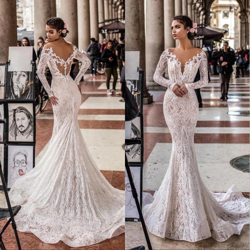 

Luxury Mermaid Wedding Dresses Long Sleeve Lace Appliques Button Back Bling Bling Bridal Gowns robe de mariée, White