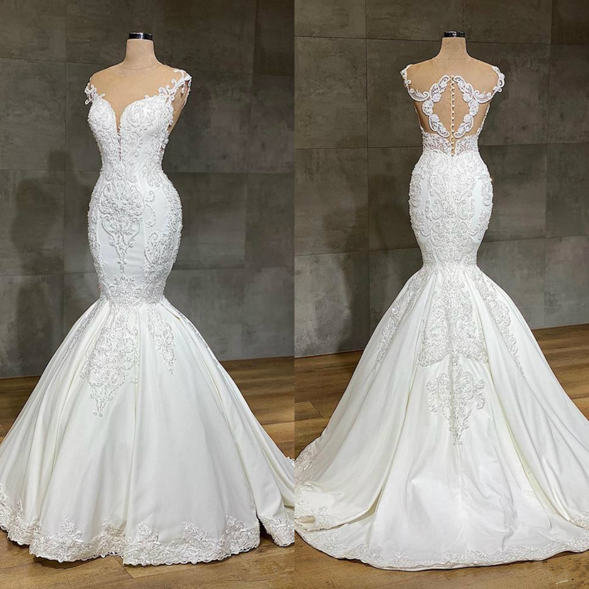 

2020 Luxurious Mermaid Wedding Dresses Jewel Neck Full Lace Appliqued Crystal Long Sweep Train Wedding Bridal Gowns Custom Made, Burgundy