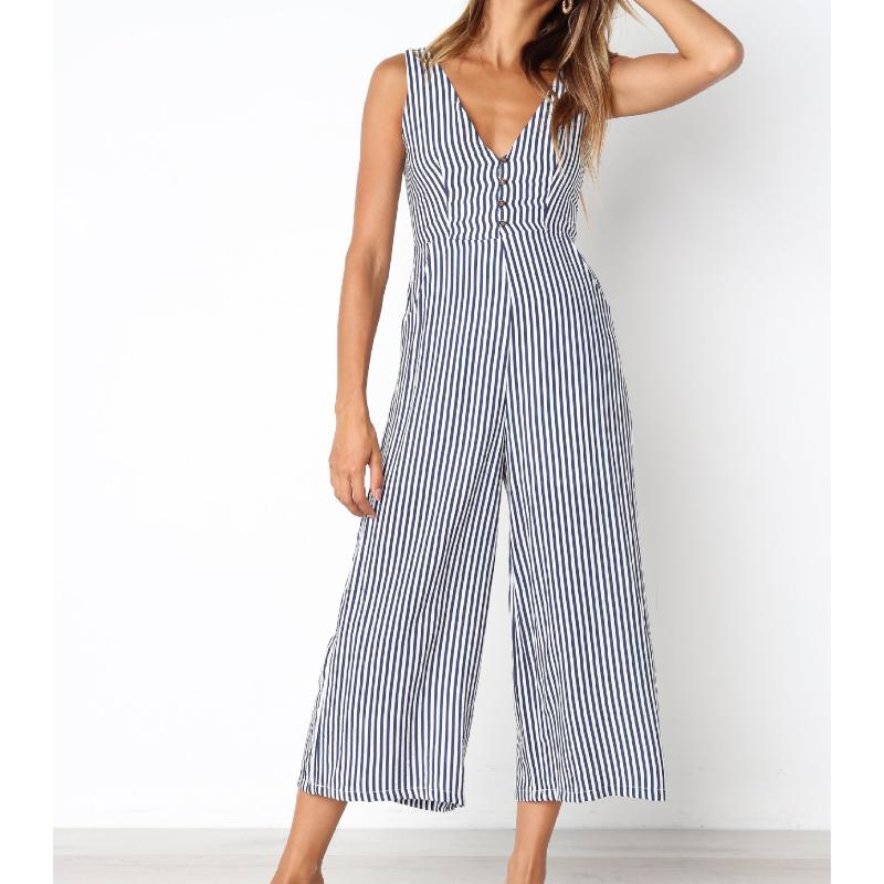 

Overall Striped Jumpsuit Buttons V-Neck Office Zipper Pockets Wide Leg Pants for Women Casual Femme Sleeveless Sexy Romper M0073, White