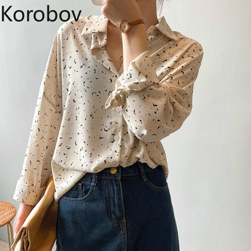 

Korobov Summer Dot Print Women Chiffon Blouses Vintage Elegant Female Shirts Korean Long Sleeve Retro Blusas Mujer, White
