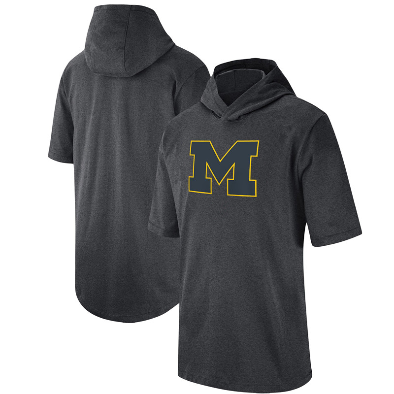 

Mens Michigan Wolverines Tops sideline performance Shorts Sleeve Hooded Top Tee Printed college football hoodies T-Shirts sweatshirts, Black