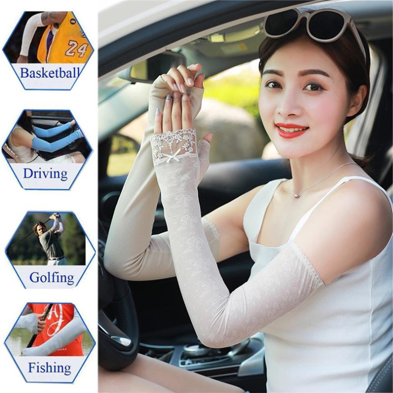 

1 pair Arm Sleeves Woman Protection Breathable Sunscreen Lace Arm Cooler Cooling Mosquito Repellent Sleeves lace #2M07, White