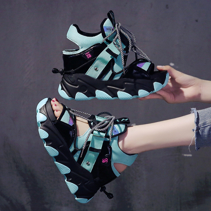 

New 2020 Summer Women Sandals Fashion Buckle Lace up Design 7cm Increasing Sandals Thick Sole Casual Reflective ribbon Shoes, Green