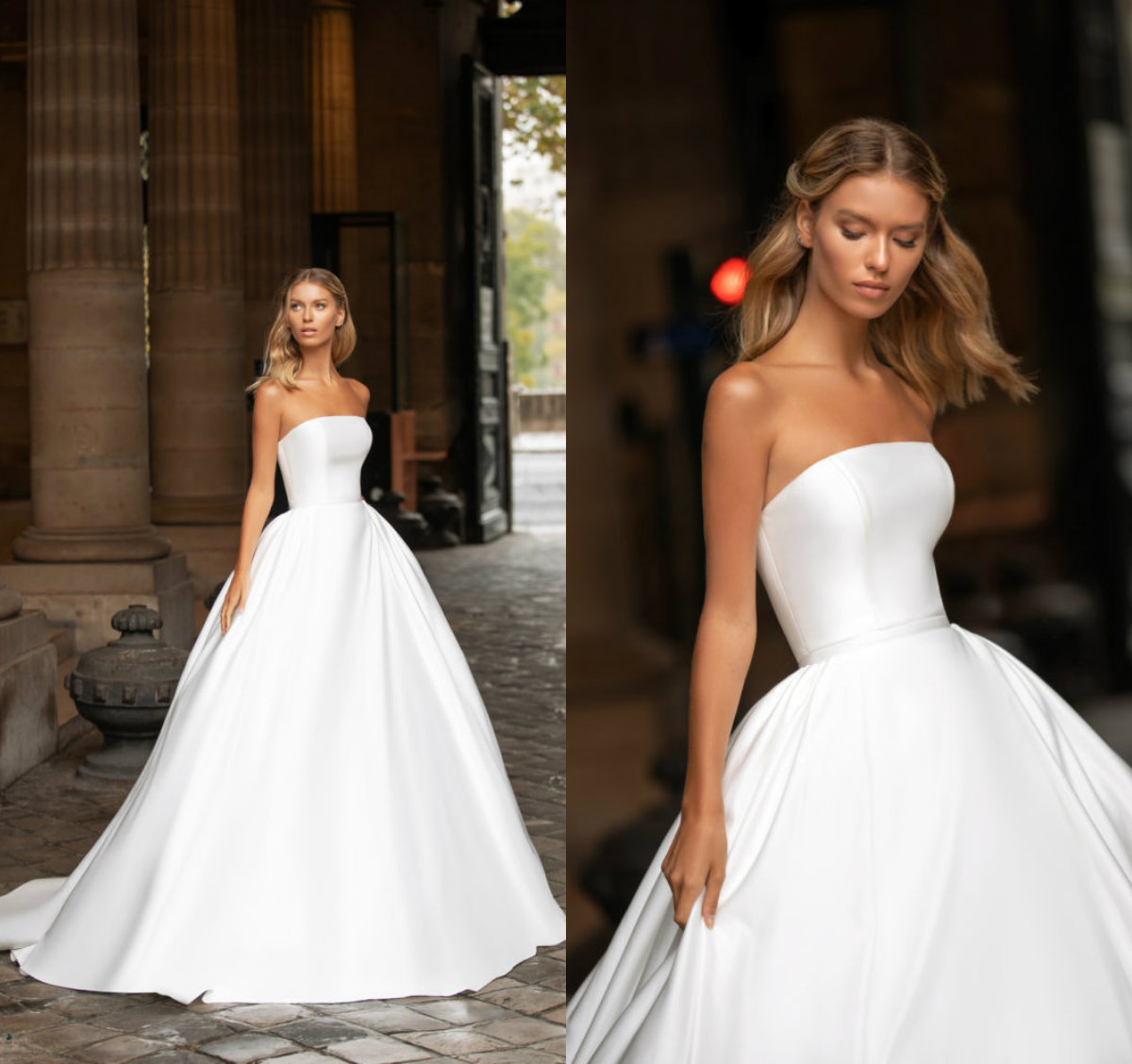 

Milla Nova 2021 Wedding Dresses Sexy Strapless Lace Satin Bridal Gowns Custom Made Lace-up Back Sweep Train A-Line Wedding Dress, White