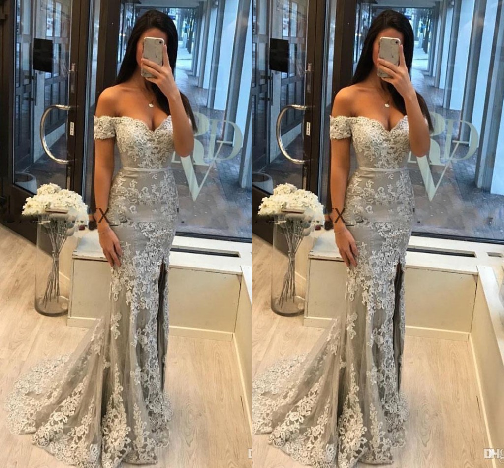

Gray Mermaid Evening Dresses Off Shoulder Lace Applique High Side Split Floor Length Prom Dress Evening Gowns Abendkleider robes de soirée, Purple