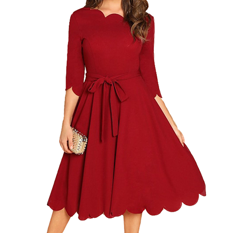 

Spring Autumn Solid Navy Blue/Red Plus Size -5XL Women Dress Wave Cut Half Sleeve Robe Vestidos Office Ladies Midi Dresses