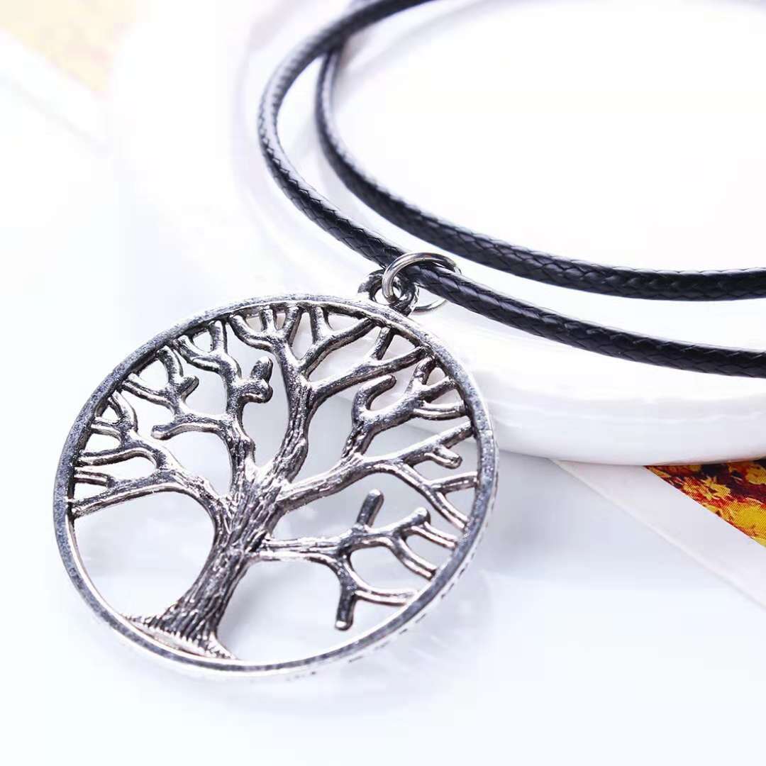 

Wholesale-the tree of life pendant necklace silver alloy trees Leather rope necklaces women girl plant simple neck jewelry free shipping