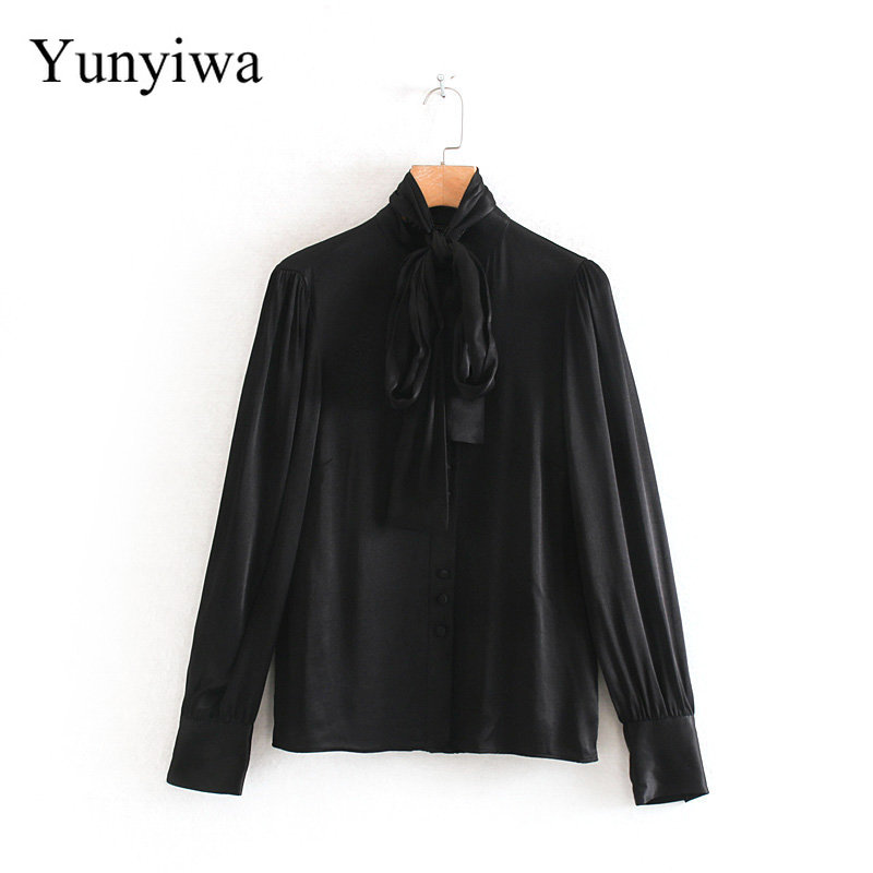 

New Women Elegant Bow Collar Solid Black Satin Blouse Office Lady Long Sleeve Casual Slim Shirts Chic Chemise Blusas Tops, As picture