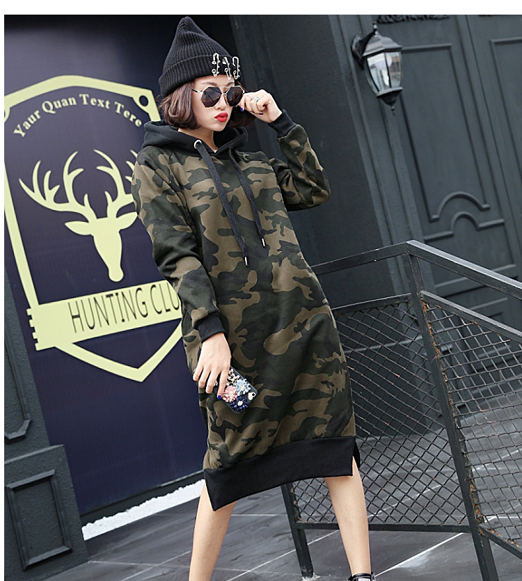 

Women High Street Long Style Sweatshirt Side Split Fleece Hooded Pullvers Large Size Loose Camouflage Hoodies Dress, Army green