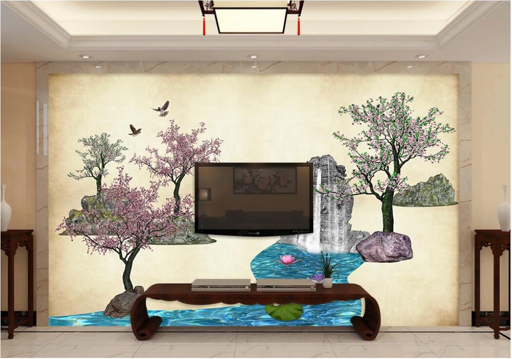 

3d room wallpaper custom photo mural Peach blossom flowing water 3D new Chinese background wall wallpaper for walls 3 d, Non-woven fabric