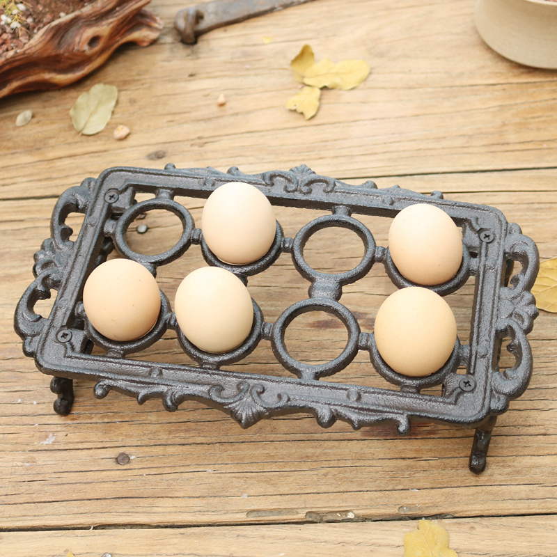 

Rectangle Antique Rustic Cast Iron Egg Holder Kitchen Tabletop Footed Eight Pieces Eggs Storage Tray Dinning Table Eggs Holder