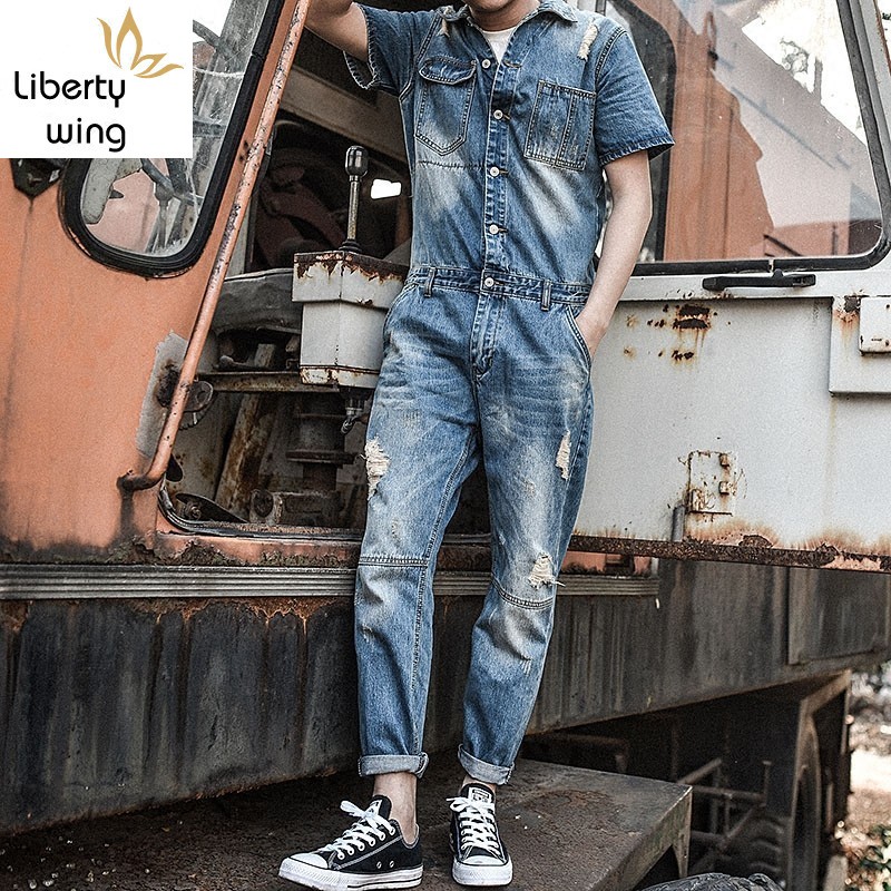 

Japan Retro Mens Overalls Short Sleeved One Piece Denim Pants Casual Washed Jeans Jumpsuits Button Classic Hole Ripped Trousers, Blue