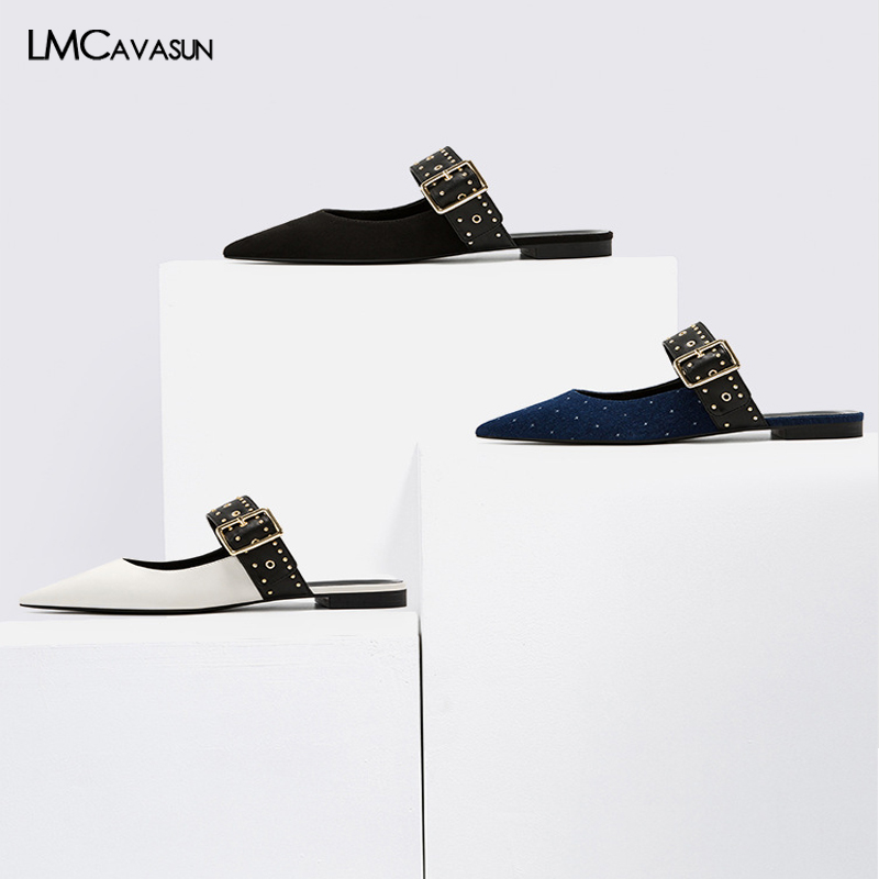 

LMCAVASUN Summer Punk Style Rivets Mules Shoes Women Pointed Toe Flat Sandals Women Leather Mule Slides Studded Ladies Sandals, Black