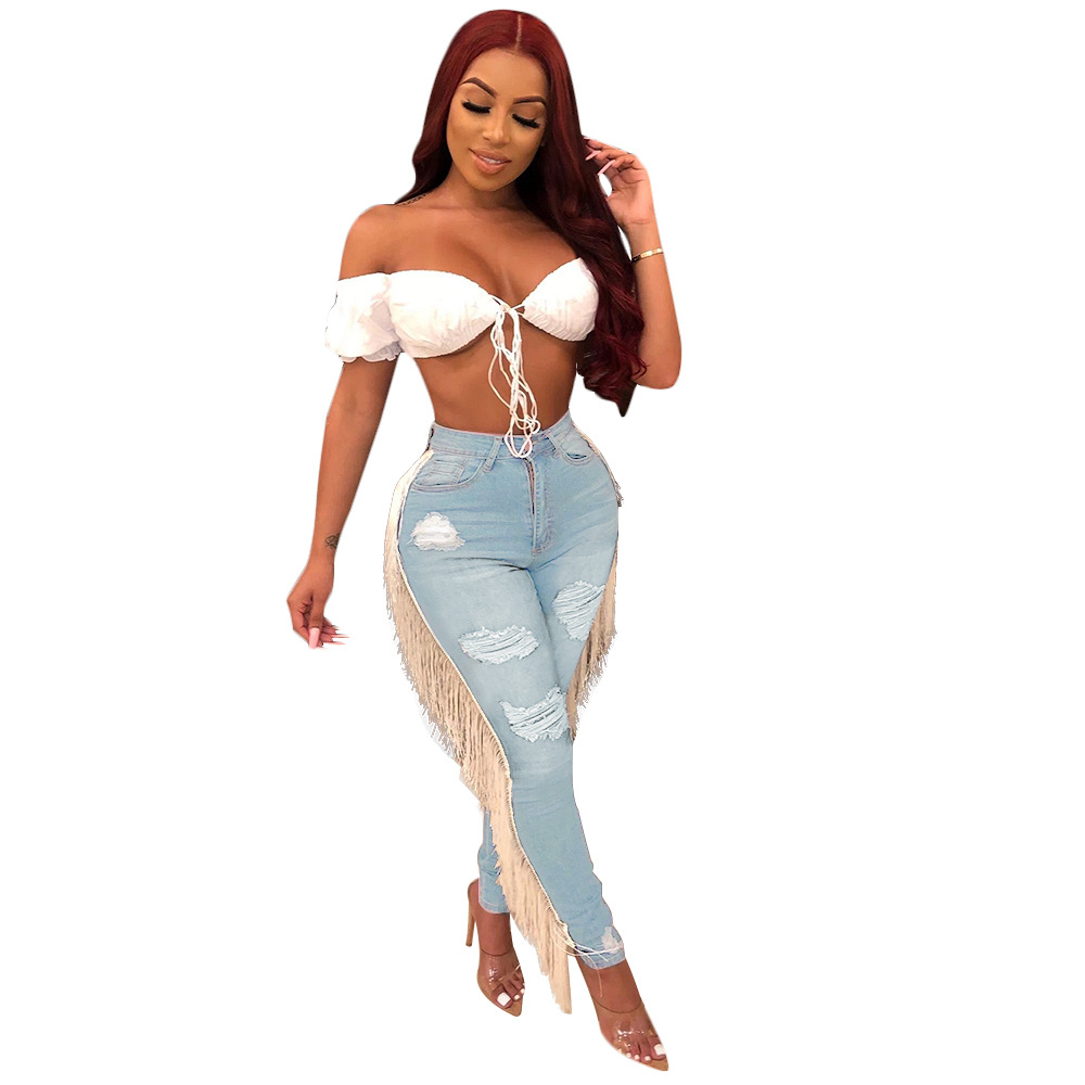 

Echoine Plus Size Slim Bodycon Ripped Jeans Light Blue Denim Pants Fringe Tassel Women Trousers Pencil Pants Streetwear