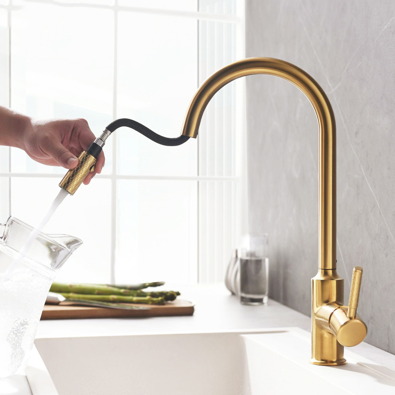 

Pull Out Kitchen Faucet Brushed Bronze Gold Kitchen Sink Water Tap 360 Rotation Kitchen Mixer Tap Single lever Mixer Tap