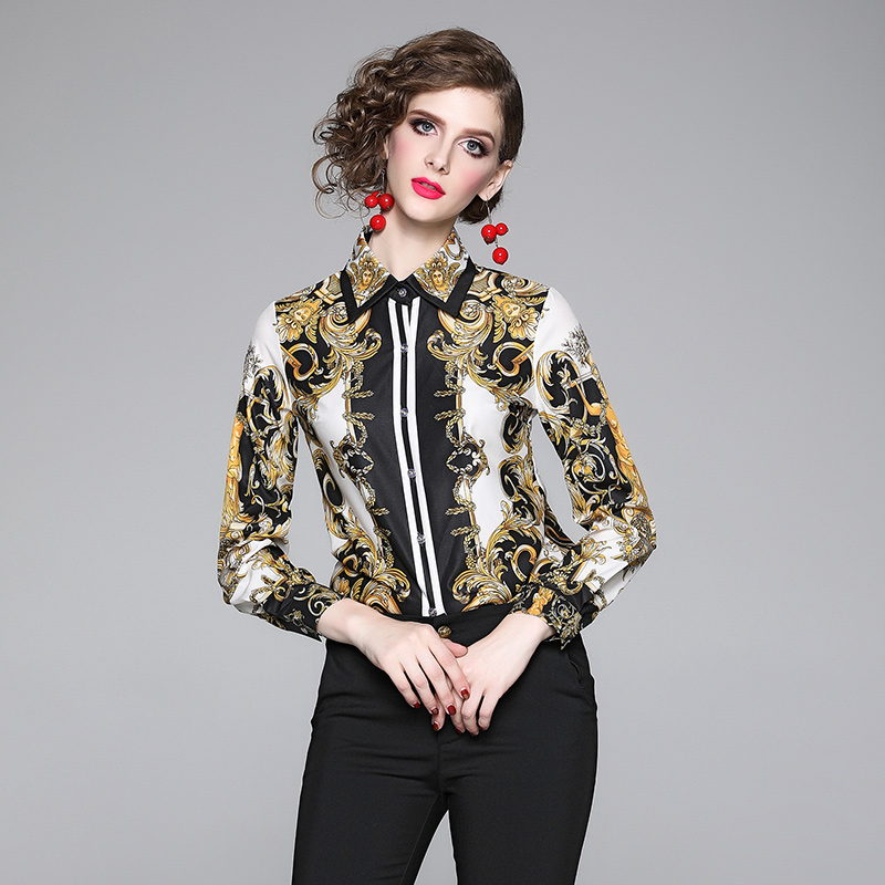 

Luxury Designer Office Ladies Vintage Shirts 2021 Fashion Long Sleeve Lapel Casual Women Runway Blouses Spring Autumn Winter Sexy Slim Baroque Printed Shirt Tops, Customize
