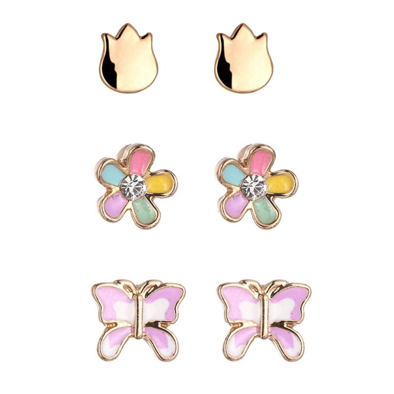 

Stud Korean Style Sweet Cartoon Children's Earrings Set Bud & Flower Butterfly Earring 3 Pairs Of