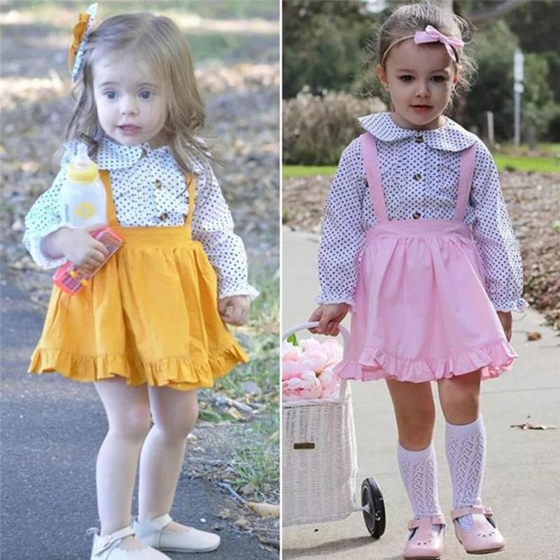 

2pcs/set Toddler Kid Girl Spring Straps Cotton Countryside Pure Color Dot Button Tops and Suspender Ruffle Skirts Clothes, Yellow