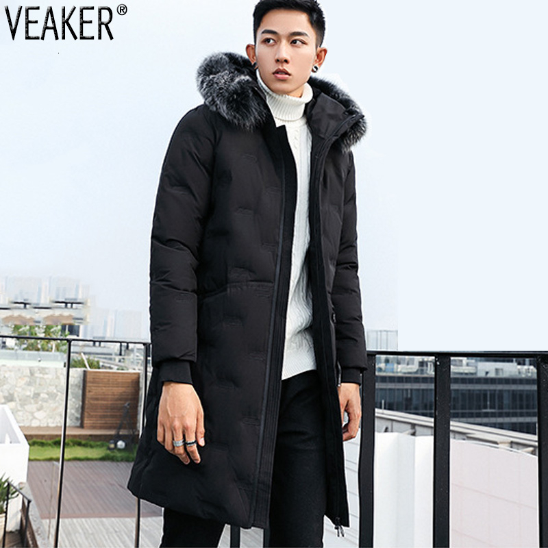 

2019 New Men's Long Parkas Down Jackets Male Winter Warm Fur Hooded Coat Solid Color Male windproof Overcoat Outerwear -4XL, Black