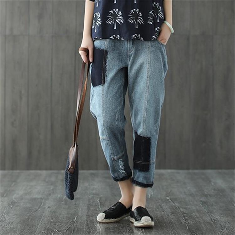 

Appliques Denim Jeans Women Spring Summer Bleached Vintage Washed Elastic Waist Ripped Ankle-length Cowboy Harem Pants Female, Blue