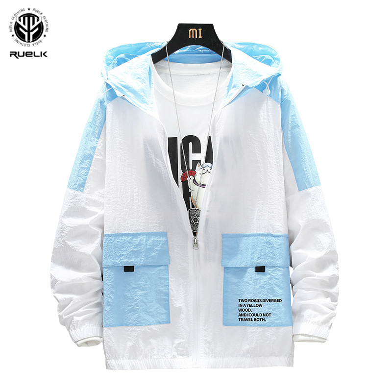 

RUELK 2020 Summer Sunscreen Clothing Men's Summer Ultra-Thin Breathable Skin Clothing Men's Slim Sunscreen Trend Hooded Jacket, Blue