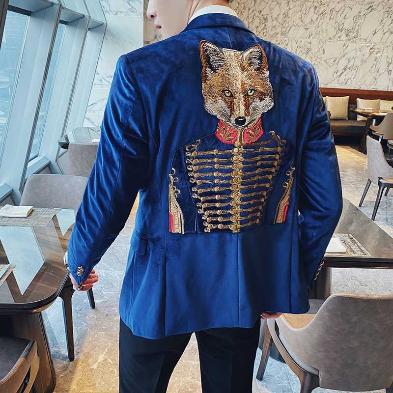 Plyesxale Fashion Embroidered Blazers For Men British Style Royal Blue Velvet Gentleman Blazer Elegant Party Prom Jacket Q323