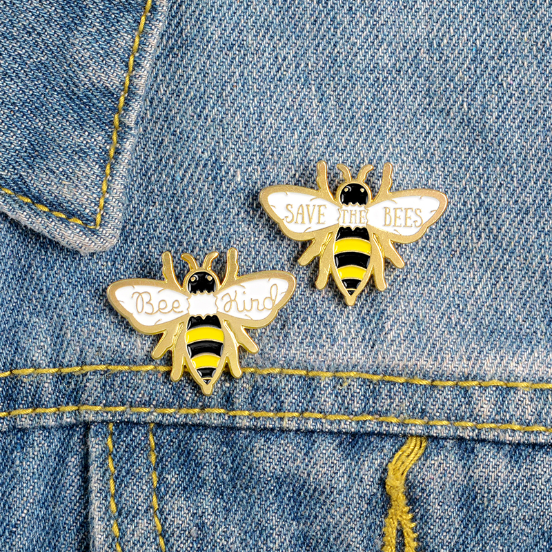 

Lapel Pins Two Yellow Bees Brooches SAVE THE BEES Cartoon Insect Jewelry Pin Hang On Bag Clothes Gift Friends