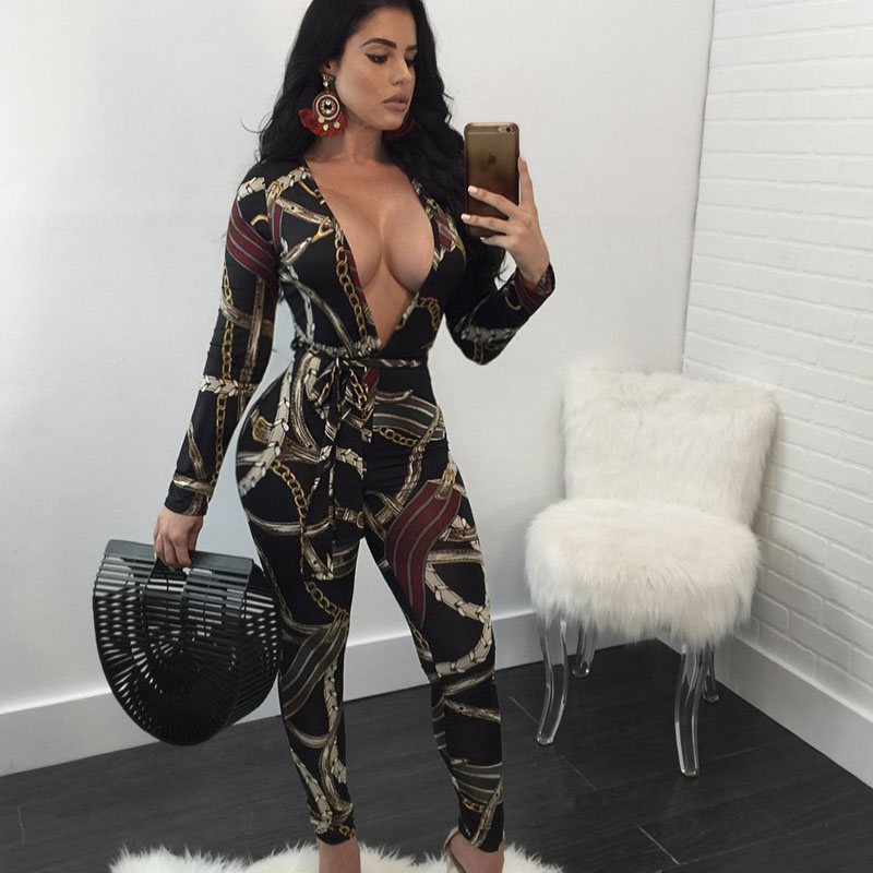 

Fashion Digital Print Women' Jumpsuit Long Sleeve Deep V-Neck Sexy Skinny Bodysuit Plus Size Jumpsuits Overalls Ropa Mujer, Black